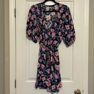 Black/pink/blue short sleeve floral wrap dress, size 14